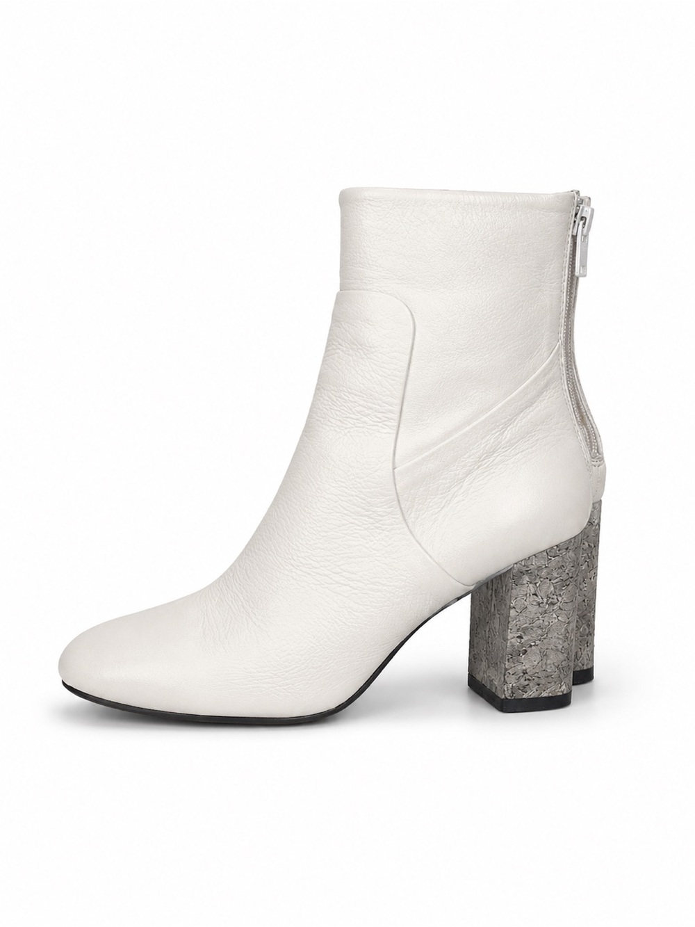 White Leather Look Ankle Boots Textured Block Heel Back Zip